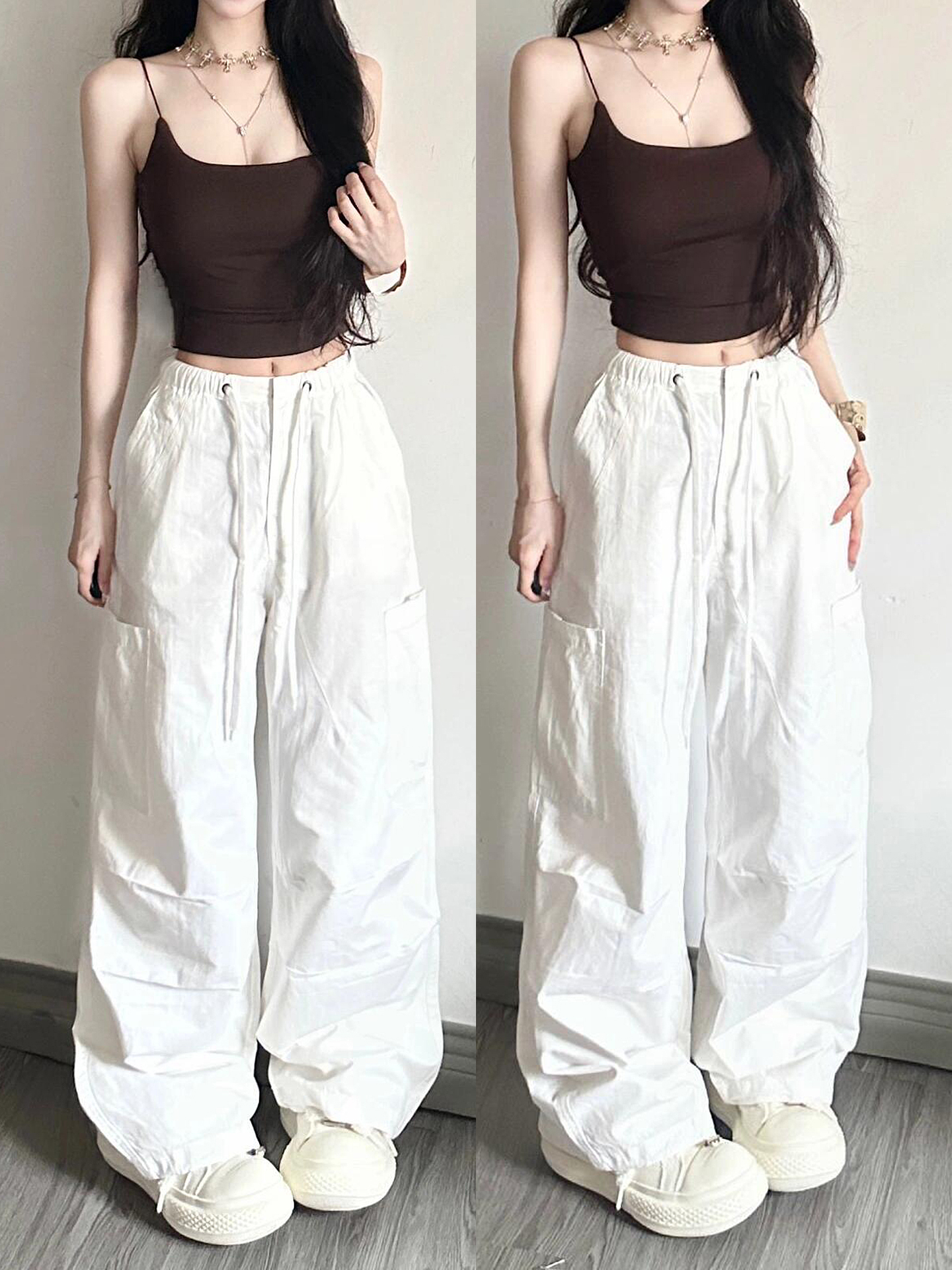White Cargo Pants for Women - Loose Straight Wide-Leg Design with Drawstring, Versatile Sports Casual Parachute Style White Cargo Pants for Women - Loose Straight Wide-Leg Design with Drawstring, Versatile Sports Casual Parachute Style