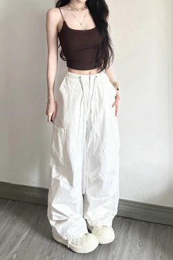 White Cargo Pants for Women - Loose Straight Wide-Leg Design with Drawstring, Versatile Sports Casual Parachute Style