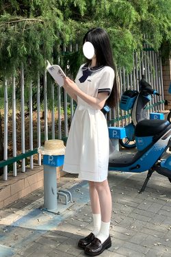 White Doll Collar Embroidered Waist-Tie Dress in College Style for Women - Summer Pudding Bear JK Uniform Inspired Fashion