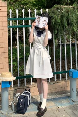 White Doll Collar Embroidered Waist-Tie Dress in College Style for Women - Summer Pudding Bear JK Uniform Inspired Fashion
