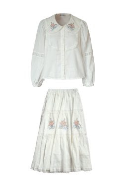White Embroidered Lace Linen Shirt and Autumn Skirt Set for Women - Vintage Floral Design, Perfect for 90s and Y2K Style