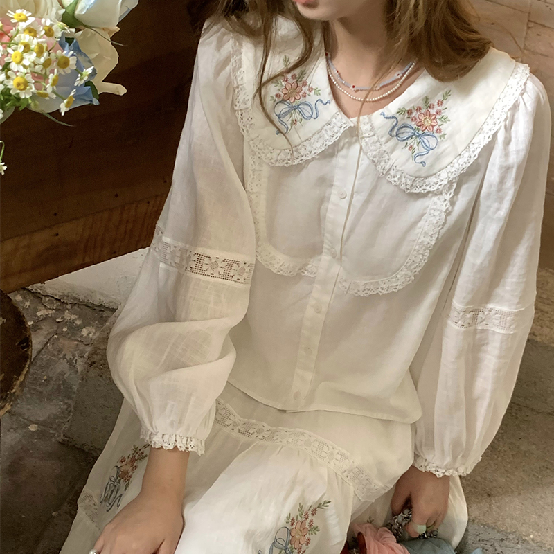 White Embroidered Lace Linen Shirt and Autumn Skirt Set for Women - Vintage Floral Design, Perfect for 90s and Y2K Style White Embroidered Lace Linen Shirt and Autumn Skirt Set for Women - Vintage Floral Design, Perfect for 90s and Y2K Style