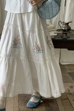 White Embroidered Lace Linen Shirt and Autumn Skirt Set for Women - Vintage Floral Design, Perfect for 90s and Y2K Style
