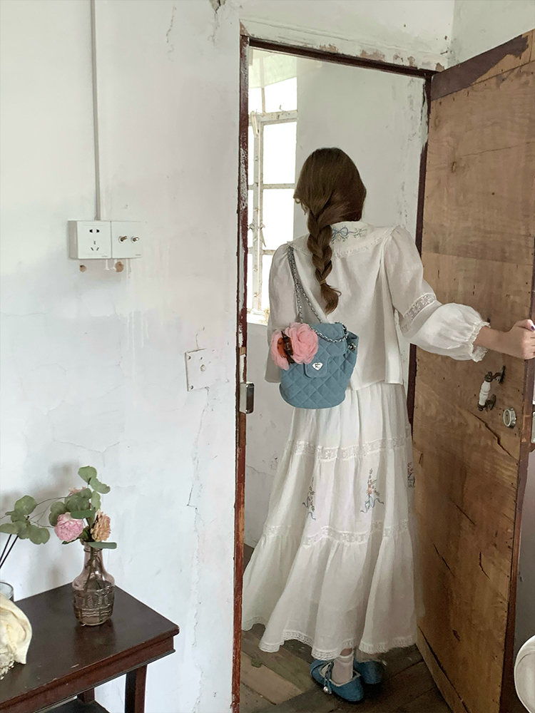 White Embroidered Lace Linen Shirt and Autumn Skirt Set for Women - Vintage Floral Design, Perfect for 90s and Y2K Style White Embroidered Lace Linen Shirt and Autumn Skirt Set for Women - Vintage Floral Design, Perfect for 90s and Y2K Style