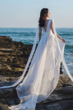 White Flowing Long Dress with Straps - Floor-Length Ethereal Wedding & Beach Dress for Seaside Photos, Boho Style