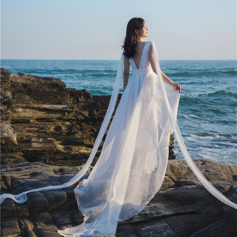 White Flowing Long Dress with Straps - Floor-Length Ethereal Wedding & Beach Dress for Seaside Photos, Boho Style White Flowing Long Dress with Straps - Floor-Length Ethereal Wedding & Beach Dress for Seaside Photos, Boho Style
