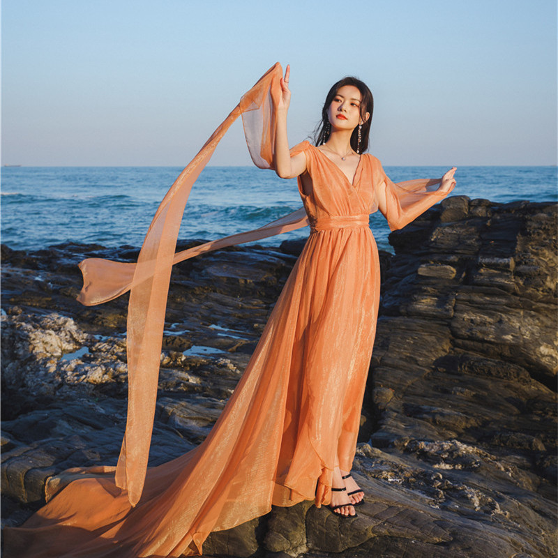 White Flowing Long Dress with Straps - Floor-Length Ethereal Wedding & Beach Dress for Seaside Photos, Boho Style White Flowing Long Dress with Straps - Floor-Length Ethereal Wedding & Beach Dress for Seaside Photos, Boho Style