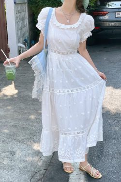 White French Cotton Short Sleeve Square Neck Dress with Puff Sleeves - Vintage Inspired Summer Dress for Women, 90s Style