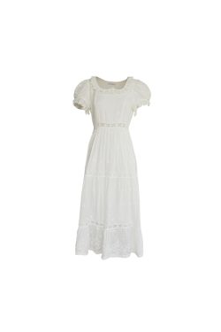 White French Cotton Short Sleeve Square Neck Dress with Puff Sleeves - Vintage Inspired Summer Dress for Women, 90s Style