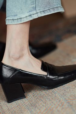 White Genuine Leather Square-Toe Chunky High Heel Loafers for Women - Stylish Italian Flats for Modern Fashionistas