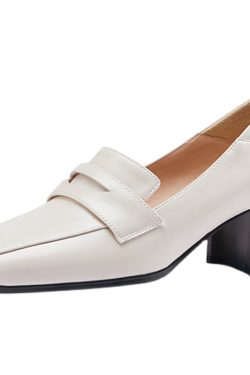 White Genuine Leather Square-Toe Chunky High Heel Loafers for Women - Stylish Italian Flats for Modern Fashionistas