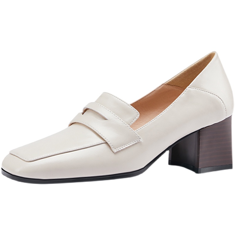 White Genuine Leather Square-Toe Chunky High Heel Loafers for Women - Stylish Italian Flats for Modern Fashionistas White Genuine Leather Square-Toe Chunky High Heel Loafers for Women - Stylish Italian Flats for Modern Fashionistas