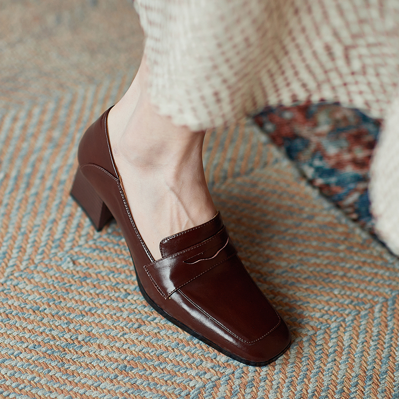 White Genuine Leather Square-Toe Chunky High Heel Loafers for Women - Stylish Italian Flats for Modern Fashionistas White Genuine Leather Square-Toe Chunky High Heel Loafers for Women - Stylish Italian Flats for Modern Fashionistas