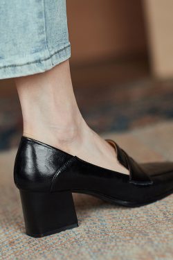 White Genuine Leather Square-Toe Chunky High Heel Loafers for Women - Stylish Italian Flats for Modern Fashionistas