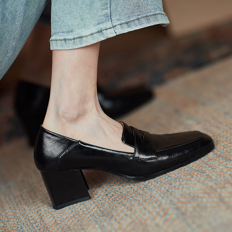 White Genuine Leather Square-Toe Chunky High Heel Loafers for Women - Stylish Italian Flats for Modern Fashionistas White Genuine Leather Square-Toe Chunky High Heel Loafers for Women - Stylish Italian Flats for Modern Fashionistas