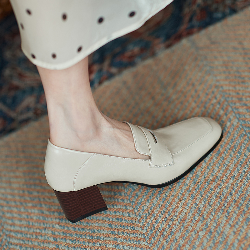 White Genuine Leather Square-Toe Chunky High Heel Loafers for Women - Stylish Italian Flats for Modern Fashionistas White Genuine Leather Square-Toe Chunky High Heel Loafers for Women - Stylish Italian Flats for Modern Fashionistas