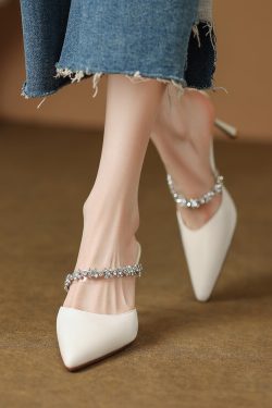 White High-Heeled Sandals for Women with Single Strap and Rhinestone Accent - Stylish Summer Footwear