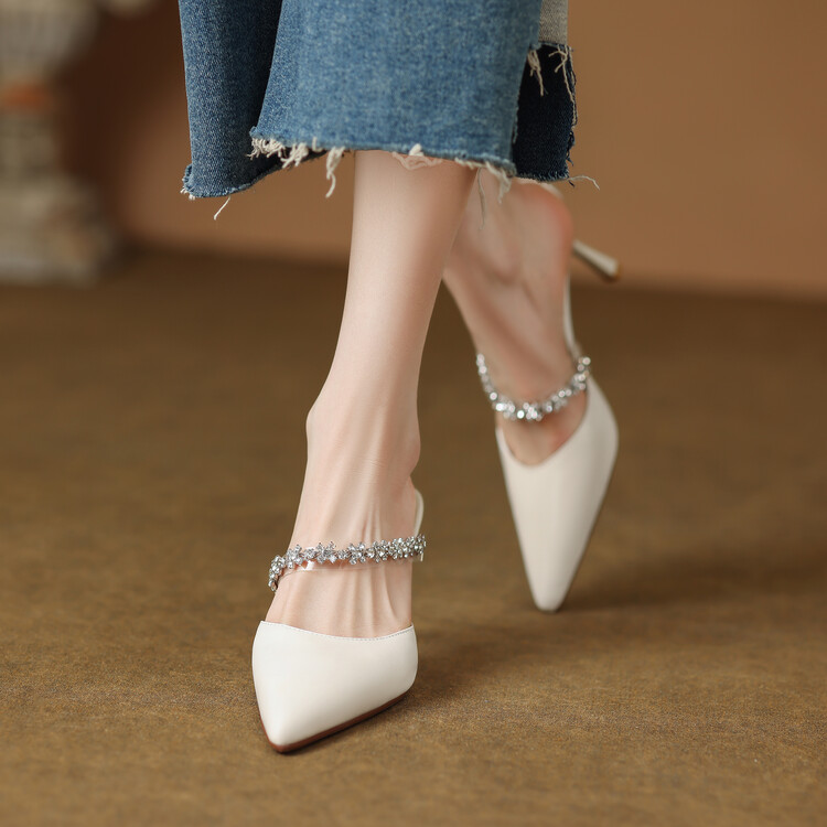 White High-Heeled Sandals for Women with Single Strap and Rhinestone Accent - Stylish Summer Footwear White High-Heeled Sandals for Women with Single Strap and Rhinestone Accent - Stylish Summer Footwear