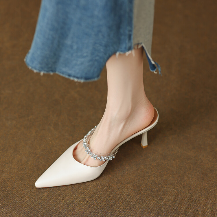 White High-Heeled Sandals for Women with Single Strap and Rhinestone Accent - Stylish Summer Footwear White High-Heeled Sandals for Women with Single Strap and Rhinestone Accent - Stylish Summer Footwear