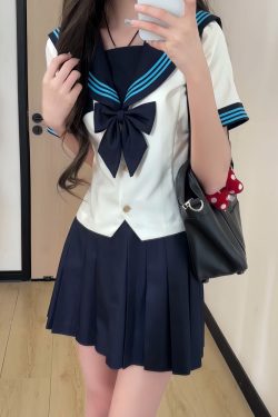 White JK Uniform Sailor Suit with Camellia Design - Women's Waist-Defined College Style Summer Short Sleeve Set