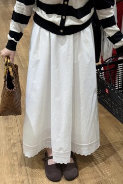 White Lace Splicing A-Line Half-Length Skirt for Women - 2025 New Style, Perfect for Petite Pear-Shaped Figures