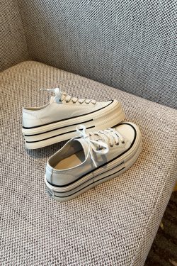 White Lace-Up Genuine Leather Sneakers for Women - Versatile Round Toe Thick Sole Casual Shoes for Spring 2025 Style