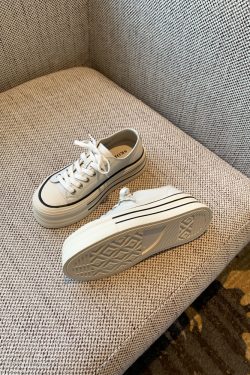 White Lace-Up Genuine Leather Sneakers for Women - Versatile Round Toe Thick Sole Casual Shoes for Spring 2025 Style