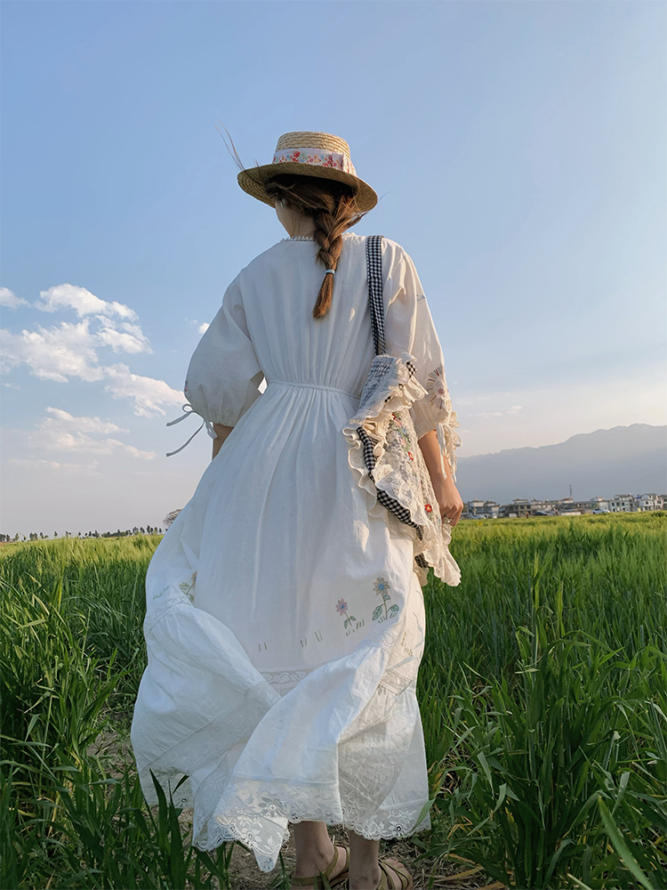 White Linen Long Sleeve Maxi Dress for Women - Fairy Grass Flowing Light, Loose Fit, French Style Summer V-Neck Dress White Linen Long Sleeve Maxi Dress for Women - Fairy Grass Flowing Light, Loose Fit, French Style Summer V-Neck Dress