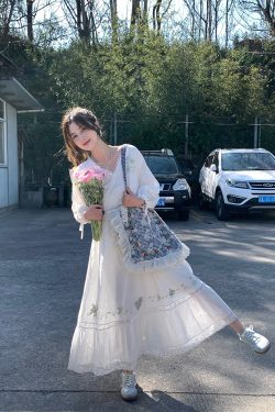 White Linen Long Sleeve Maxi Dress for Women - Fairy Grass Flowing Light, Loose Fit, French Style Summer V-Neck Dress