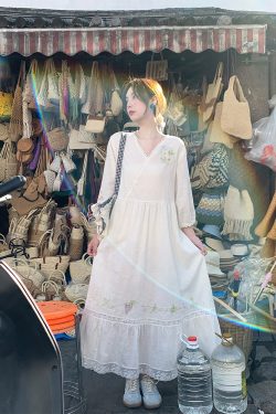 White Linen Long Sleeve Maxi Dress for Women - Fairy Grass Flowing Light, Loose Fit, French Style Summer V-Neck Dress