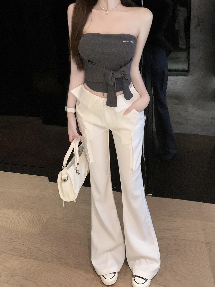 White Low Waist Slim Fit Floor-Length Flared Work Pants for Women - Chic Professional Style White Low Waist Slim Fit Floor-Length Flared Work Pants for Women - Chic Professional Style