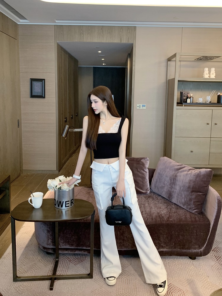 White Low Waist Slim Fit Floor-Length Flared Work Pants for Women - Chic Professional Style White Low Waist Slim Fit Floor-Length Flared Work Pants for Women - Chic Professional Style
