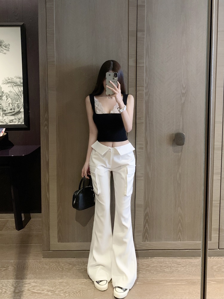 White Low Waist Slim Fit Floor-Length Flared Work Pants for Women - Chic Professional Style White Low Waist Slim Fit Floor-Length Flared Work Pants for Women - Chic Professional Style