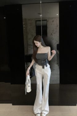 White Low Waist Slim Fit Floor-Length Flared Work Pants for Women - Chic Professional Style
