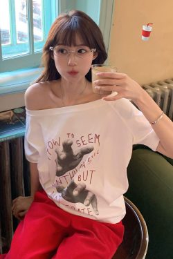 White Off-Shoulder Palm Print T-Shirt - Women's Short Sleeve Casual Summer Top, Loose Fit for Effortless Style