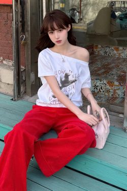 White Off-Shoulder Palm Print T-Shirt - Women's Short Sleeve Casual Summer Top, Loose Fit for Effortless Style