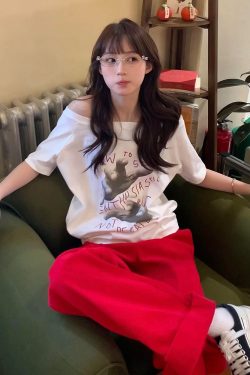 White Off-Shoulder Palm Print T-Shirt - Women's Short Sleeve Casual Summer Top, Loose Fit for Effortless Style