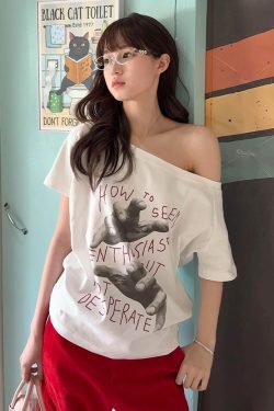 White Off-Shoulder Palm Print T-Shirt - Women's Short Sleeve Casual Summer Top, Loose Fit for Effortless Style