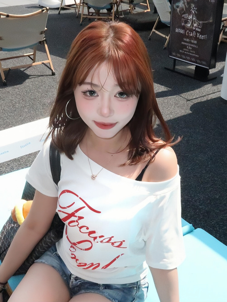 White Off-Shoulder T-Shirt for Women - Summer Letter Print, Slim Fit, Short Sleeve Cropped Top, Sexy Shoulder-Baring Style White Off-Shoulder T-Shirt for Women - Summer Letter Print, Slim Fit, Short Sleeve Cropped Top, Sexy Shoulder-Baring Style