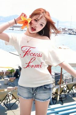 White Off-Shoulder T-Shirt for Women - Summer Letter Print, Slim Fit, Short Sleeve Cropped Top, Sexy Shoulder-Baring Style