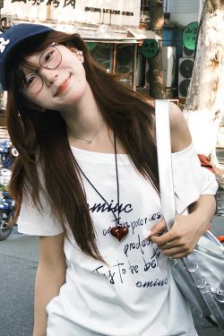 White Off-Shoulder T-Shirt for Women, Casual Summer Letter Print, Versatile Short Sleeves, College Style Hot Girl Top