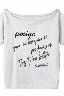 White Off-Shoulder T-Shirt for Women, Casual Summer Letter Print, Versatile Short Sleeves, College Style Hot Girl Top