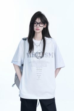 White Oversized Short Sleeve T-Shirt with American Retro Badge Print for Women, Casual Loose Fit, Y2K Style