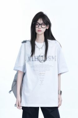 White Oversized Short Sleeve T-Shirt with American Retro Badge Print for Women, Casual Loose Fit, Y2K Style