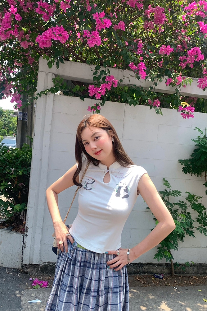 White Panda Print Short Sleeve T-Shirt for Women - Vintage Summer Slim Fit Buttoned Top, Y2K Style