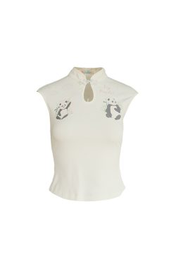 White Panda Print Short Sleeve T-Shirt for Women - Vintage Summer Slim Fit Buttoned Top, Y2K Style