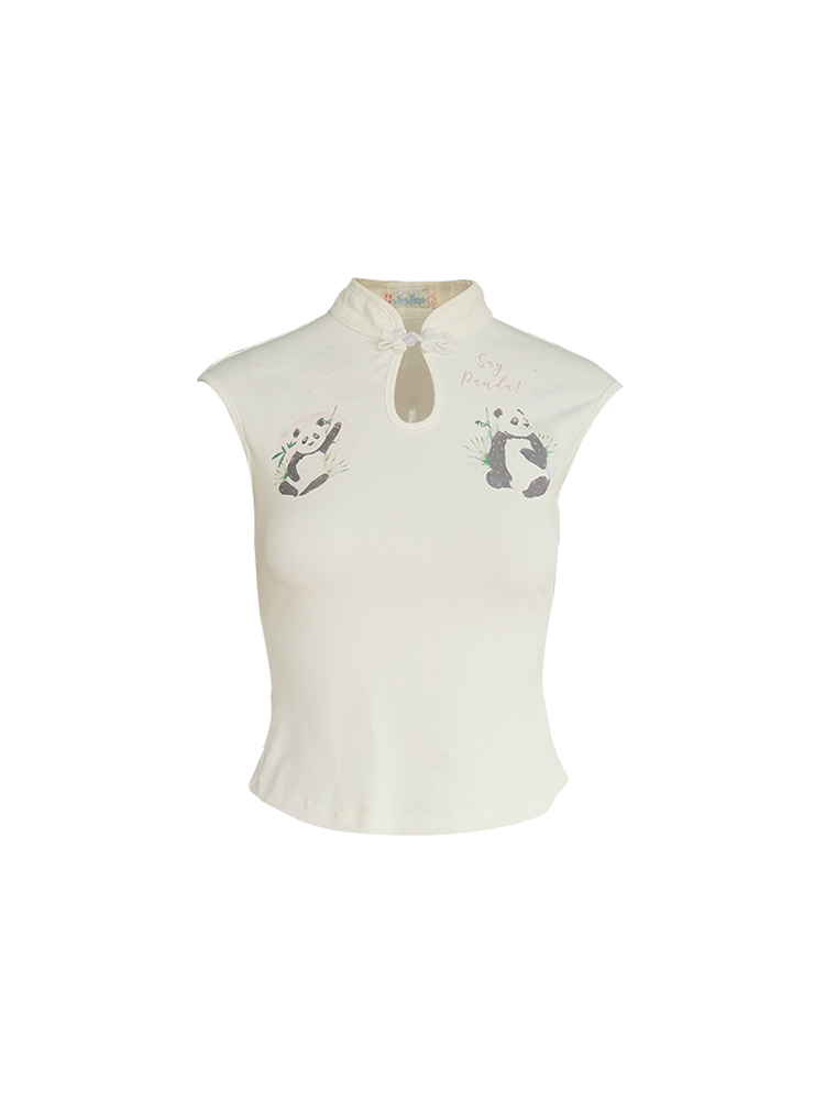 White Panda Print Short Sleeve T-Shirt for Women - Vintage Summer Slim Fit Buttoned Top, Y2K Style White Panda Print Short Sleeve T-Shirt for Women - Vintage Summer Slim Fit Buttoned Top, Y2K Style