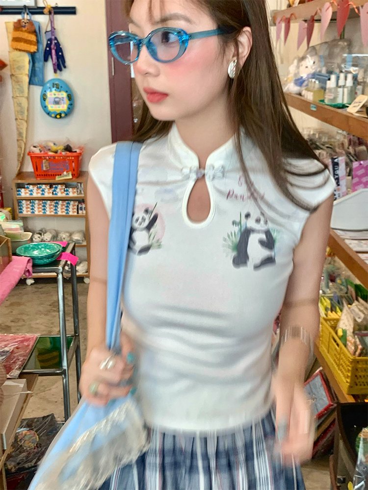 White Panda Print Short Sleeve T-Shirt for Women - Vintage Summer Slim Fit Buttoned Top, Y2K Style White Panda Print Short Sleeve T-Shirt for Women - Vintage Summer Slim Fit Buttoned Top, Y2K Style