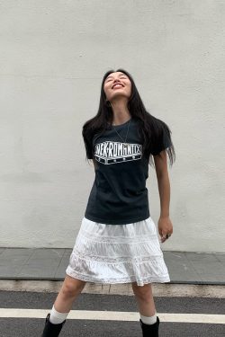 White Pearl Lace Silk Skirt & Vintage Ink Leak Printed Gray T-shirt Set - Hot Girl Aesthetic, Y2K Style, Dual Cultivation Look