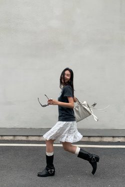 White Pearl Lace Silk Skirt & Vintage Ink Leak Printed Gray T-shirt Set - Hot Girl Aesthetic, Y2K Style, Dual Cultivation Look